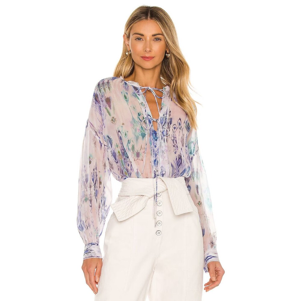 Revolve IRO Lade Blouse Watercolor Long Sleeve Plunge Boho Top SIZE 40